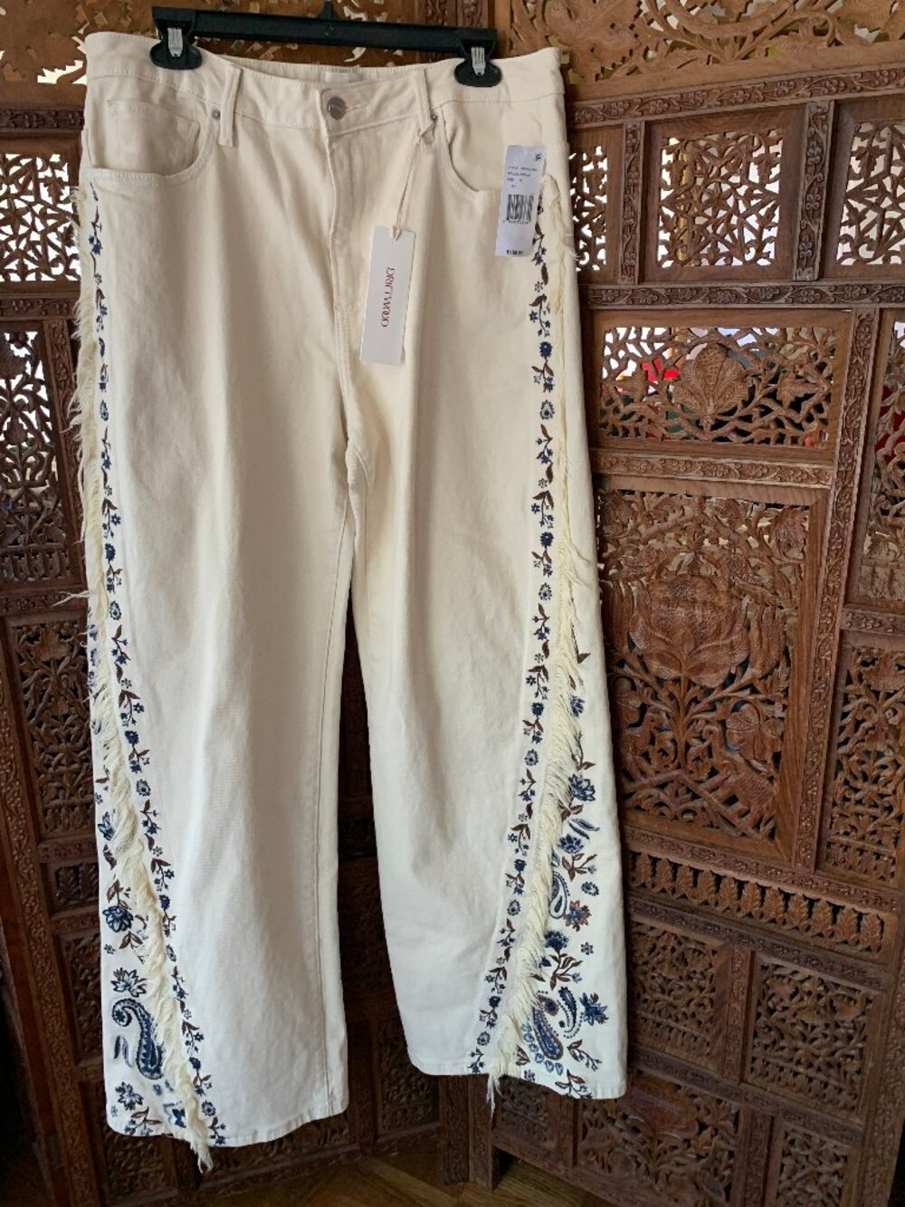 DRIFTWOOD Frankie by Free People Cream and navy embroidered Wide Leg Jeans - Picture 2 of 9